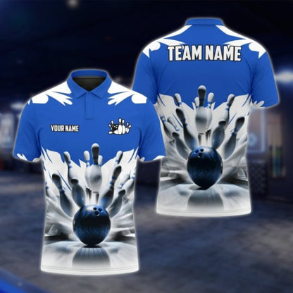 Custom Team Blue White Bowling Polo Shirts For Mens, Custom Bowling Shirts BA0024 BOW0375