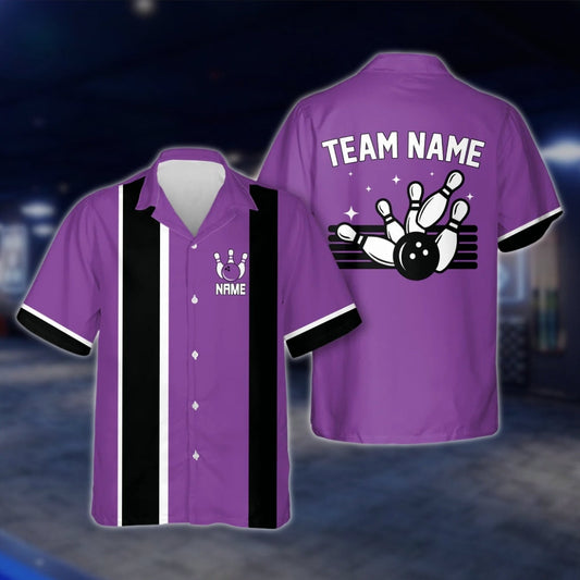 Purple And Black Custom Mens Vintage Bowling Hawaiian Shirt, Custom Vintage Bowling Team Shirts BE0054 BOW0360