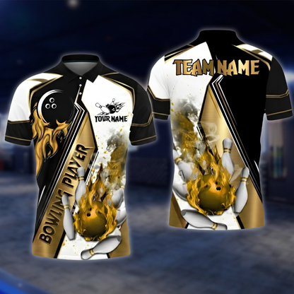 Personalized Flaming Ball Bowling Mens Polo Shirt, Black And Gold Custom Flame Bowling Team Shirt BZ0809 BOW0149