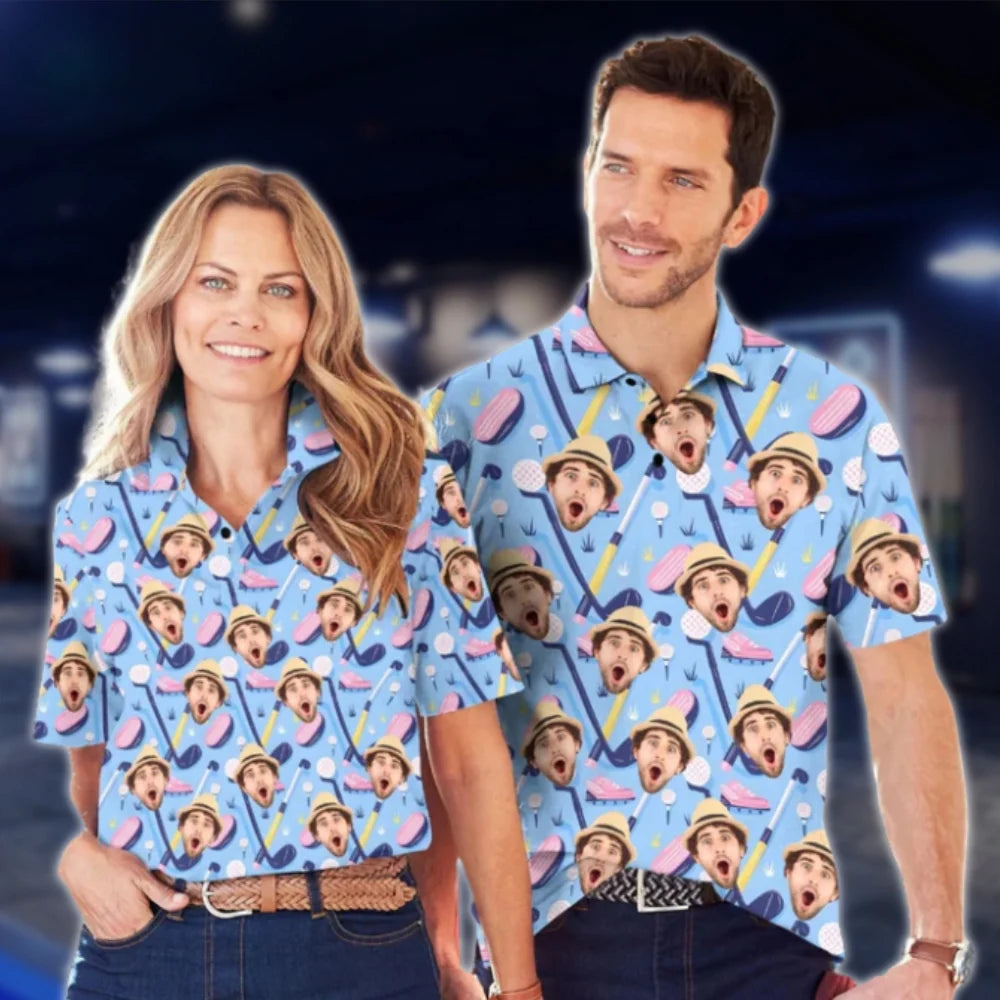 Custom Funny Face Matching Golf Shirts For Men And Women, Custom Photo Matching Couple Golf Shirts GOF0177