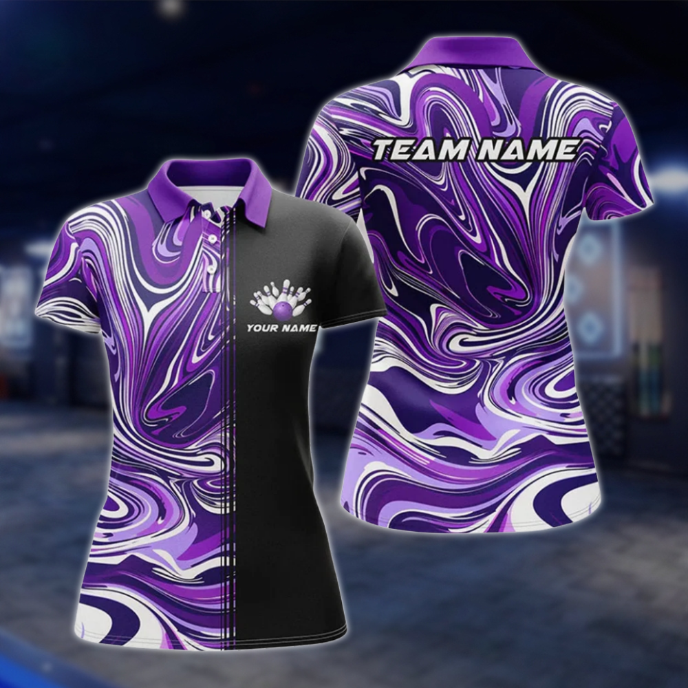 Personalized Marble Purple Black Women's Bowling Polo Shirt, Custom Team Bowling Shirt Ladies BZ0766 BOW0142
