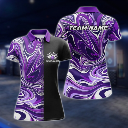 Personalized Marble Purple Black Women's Bowling Polo Shirt, Custom Team Bowling Shirt Ladies BZ0766 BOW0142