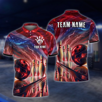 Personalized American Flag Neon Bowling Polo Shirt Mens, Custom Team Patriotic Bowling Shirt BZ0906 BOW0037