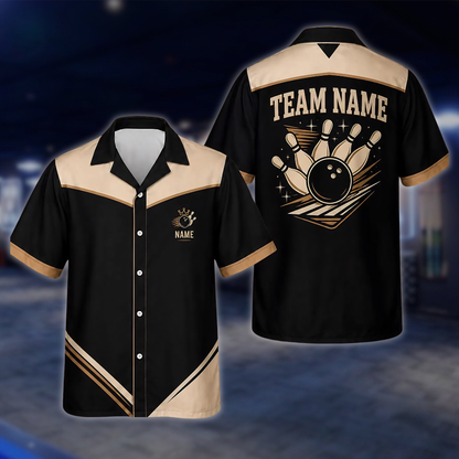 Personalized Team Black Beige Bowling Hawaiian Shirt, Custom Bowling Shirts BE0247 BOW0035