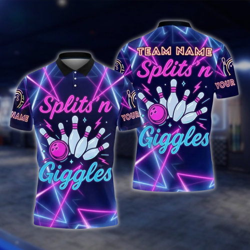 Splits'n Giggles Personalized Neon Bowling Polo Shirt For Men, Custom Funny Bowling Shirt For Team BZ0738 BOW0181