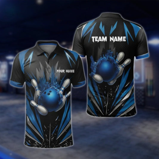 Black And Blue Custom Mens Team Bowling Polo Shirt, Custom Bowling Shirt For Team BZ0368 BOW0382