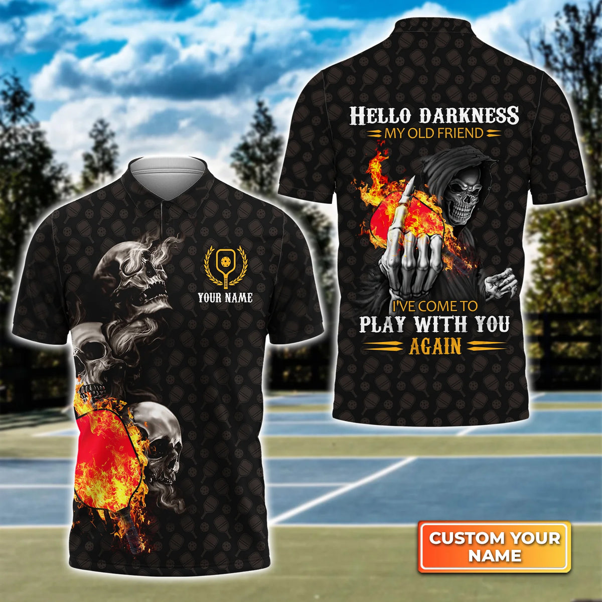 Pickleball Skull Hello Darkness My Old Friend Personalized Name 3D Polo Shirt QB95 Gift For Pickleball Player PKL0058