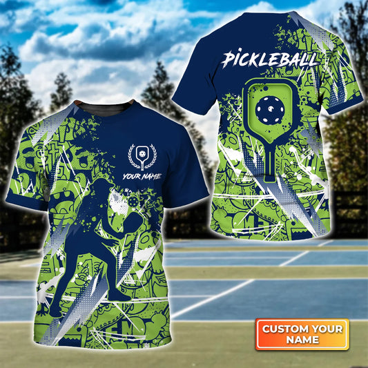 Pickleball - Scritch Woman Green Blue Pattern Personalized Name 3D Tshirt QB95 Gift For Pickleball Player PKL0147