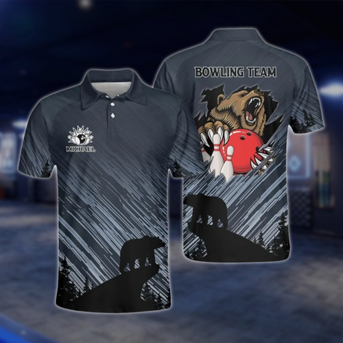 Personalized Bear Meteor Bowling Polo Shirt For Men, Custom Bear Bowling Team Shirt BZ0787 BOW0120