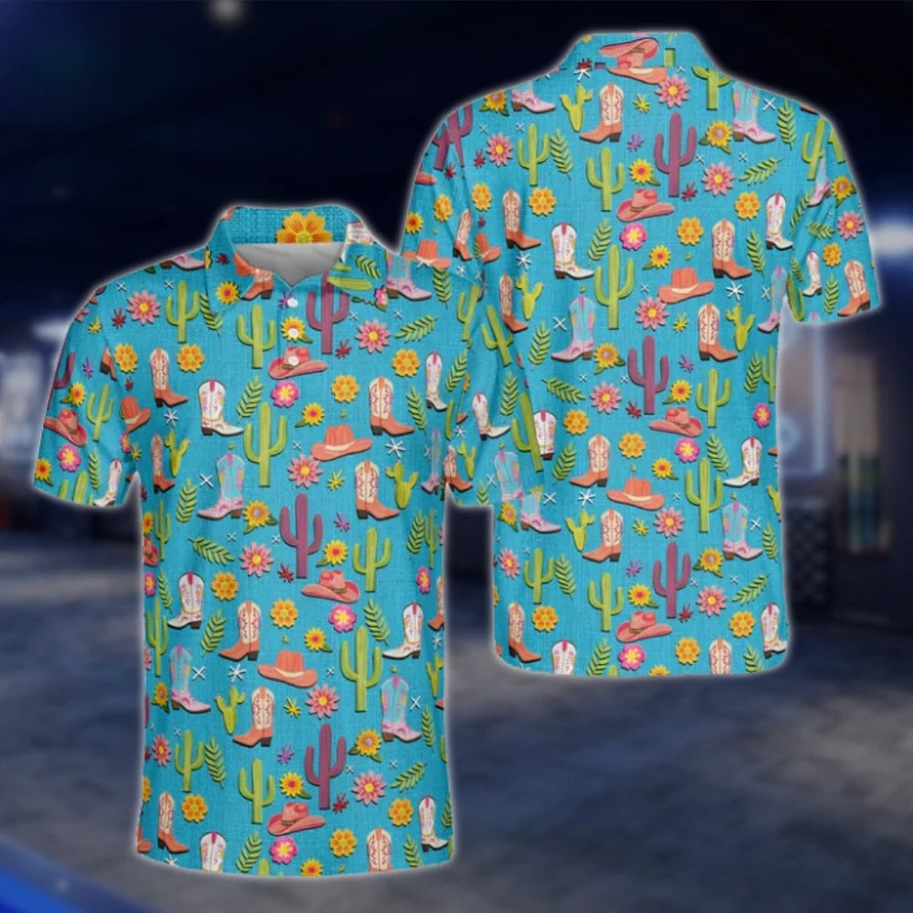 Cowboy Boots Cactus Mens Cyan Golf Polo Shirts, Western Golf Shirts GOF0252