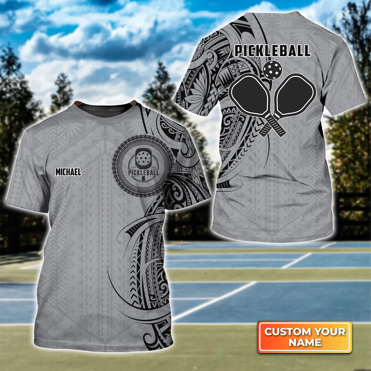 Strike Grey Tribal Tattoo Personalized Name 3D Tshirt QB95 Gift For Pickleball Player PKL0153