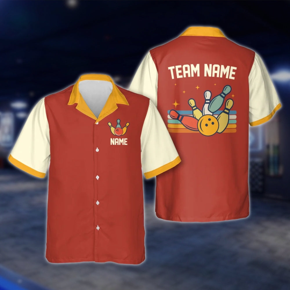 Custom Retro Bowling Hawaiian Shirt For Team, Custom Red Beige Bowling Shirts For Men Women BE0038 BOW0364