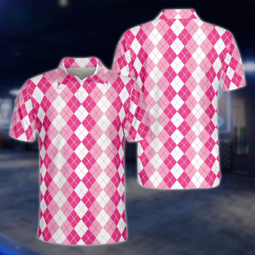 Pink Argyle Mens Golf Polo Shirts, Argyle Golf Shirts GOF0262