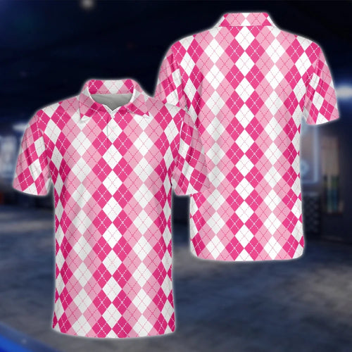 Pink Argyle Mens Golf Polo Shirts, Argyle Golf Shirts GOF0262