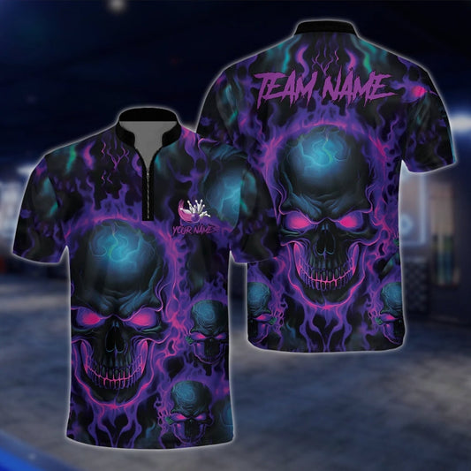 Custom Skull Neon Purple Bowling Jersey For Mens, Custom Skeleton Bowling Team Shirts BZ0142 BOW0453