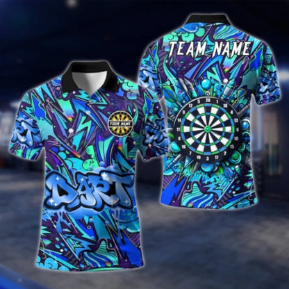 Custom Graffiti Blue Dart Polo Shirt For Men, Custom Team Darts Shirts DAT0400