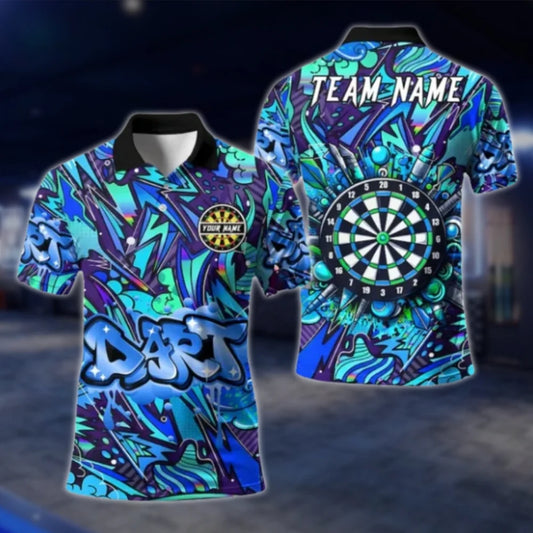 Custom Graffiti Blue Dart Polo Shirt For Men, Custom Team Darts Shirts DAT0400