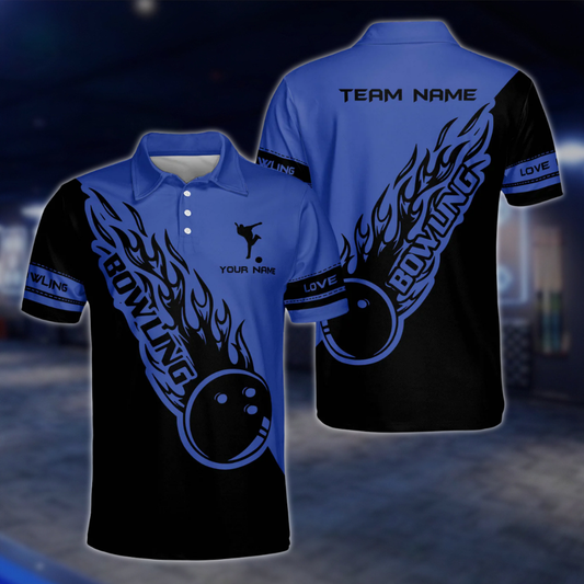 Personalized Blue Black Flame Ball Polo Bowling Team Shirts Men, Custom Team Flame Bowling Shirts BZ0224 BOW0433