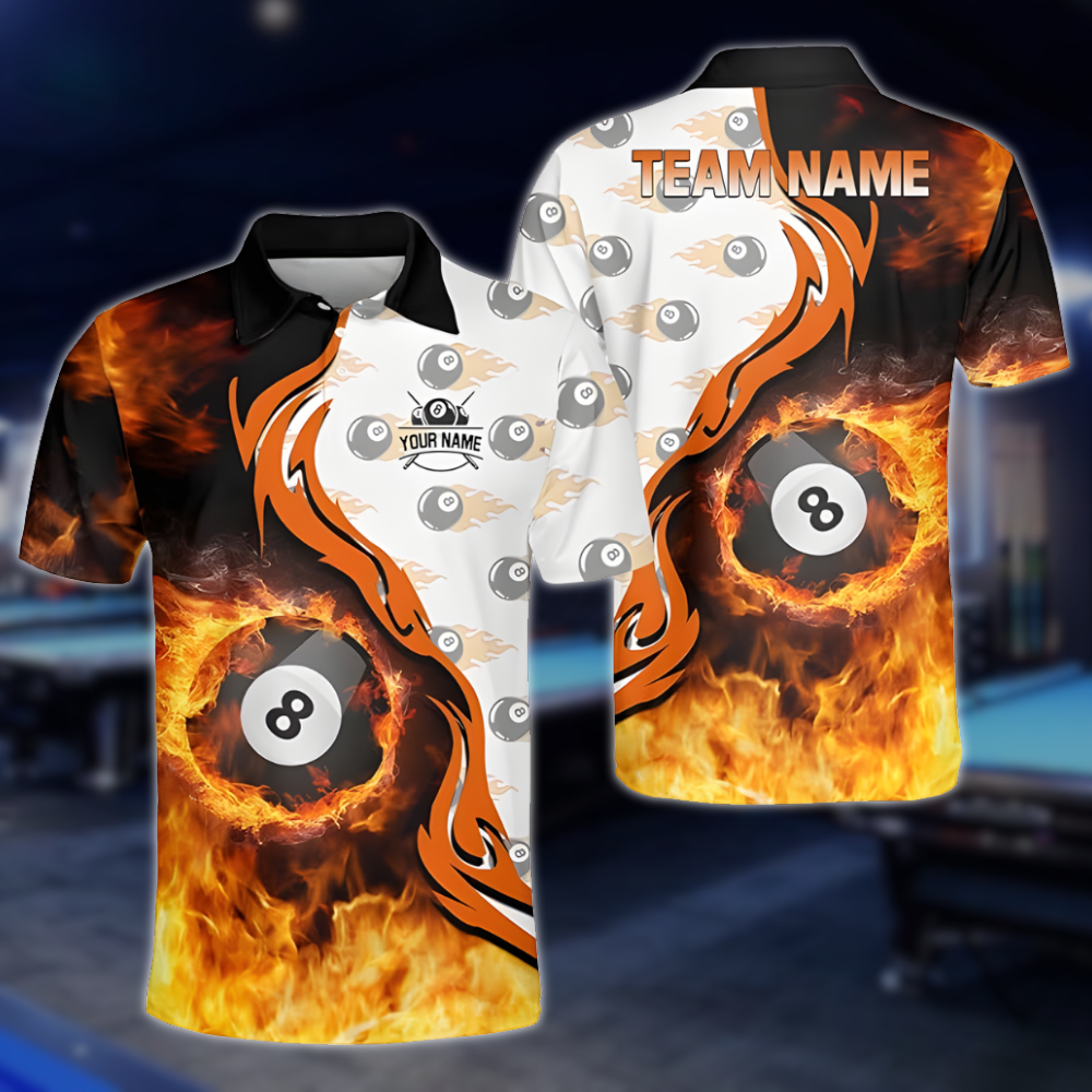 Custom Flame 8 Ball Billiard Men Polo Shirts, Custom Flame Billiard Shirts For Team BLD0253