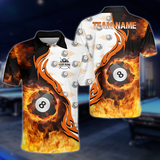 Custom Flame 8 Ball Billiard Men Polo Shirts, Custom Flame Billiard Shirts For Team BLD0253