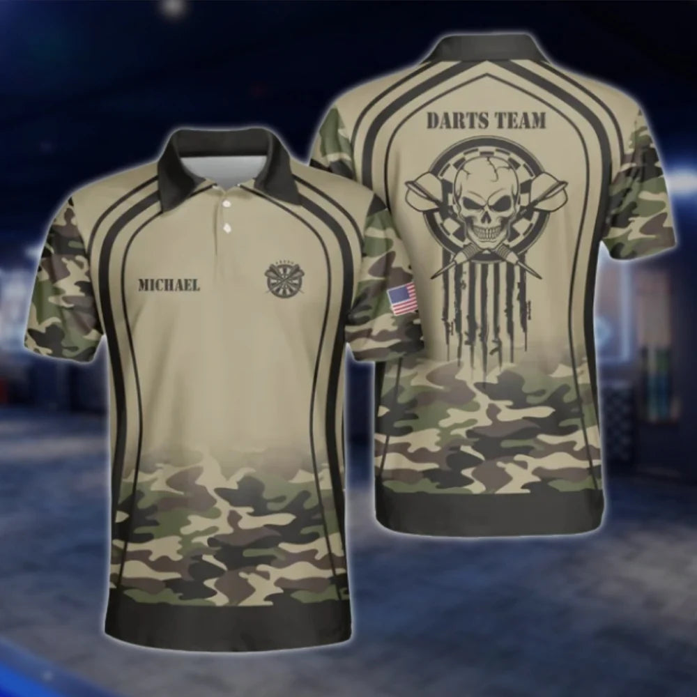 Custom Skull Camo Dart Team Polo Shirt For Men, Custom Camo Brown Dart Team Shirts DAT0243