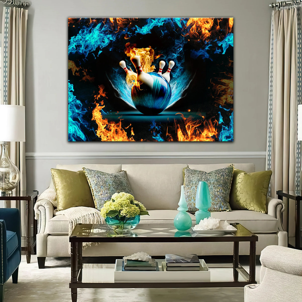 Blue Bowling Ball And Pins On Fire Graphic Printed Canvas Bowl Game Living Room Decor Gift For Bowlers ORN0123
