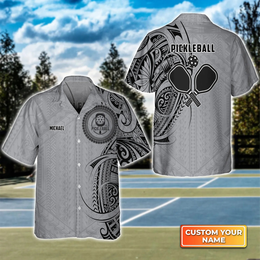 Strike Grey Tribal Tattoo Personalized Name 3D Hawaiian Shirt QB95 Gift For Pickleball Player PKL0154