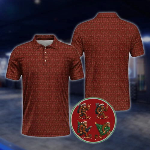 Funny Bigfoot Christmas Golf Mens Polo Shirt Red, Sasquatch Golf Shirt For Christmas GOF0073