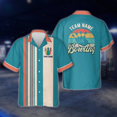 Custom Cyan Retro Bowling Hawaiian Shirt For Men Women, Custom Retro Bowling Team Shirts BZ0021 BOW0301