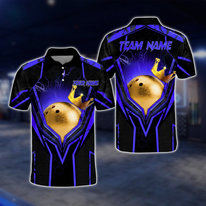 Custom Team Black Blue Bowling Ball King Polo Shirts For Men, Custom Bowling Team Shirts BA0004 BOW0458