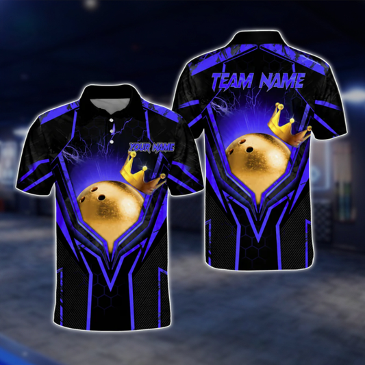 Custom Team Black Blue Bowling Ball King Polo Shirts For Men, Custom Bowling Team Shirts BA0004 BOW0458