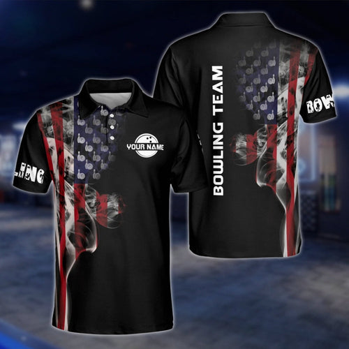 Custom American Flag Smoke Bowling Polo Shirt, Custom Patriotic Bowling Team Shirts BM0319 BOW0269