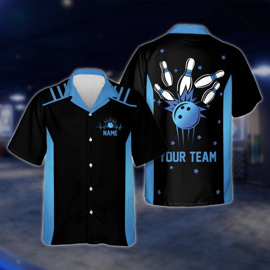 Custom Neon Blue Black Bowlng Hawaiian Shirt For Mens, Custom Team Bowling Shirts BE0017 BOW0349