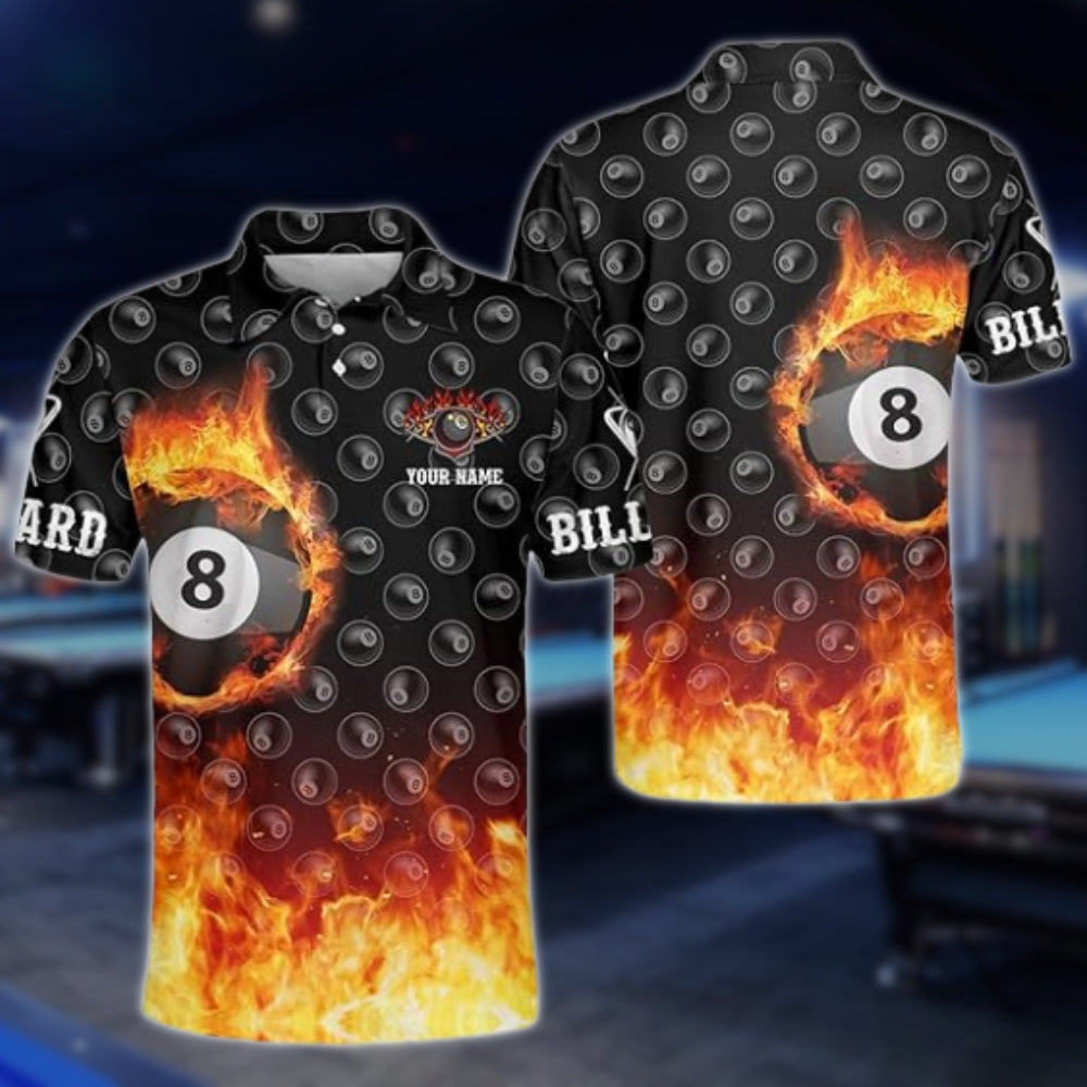 Custom Flaming 8 Ball Billiard Men Polo Shirt, Custom Flame Billiard Team Shirts BLD0133