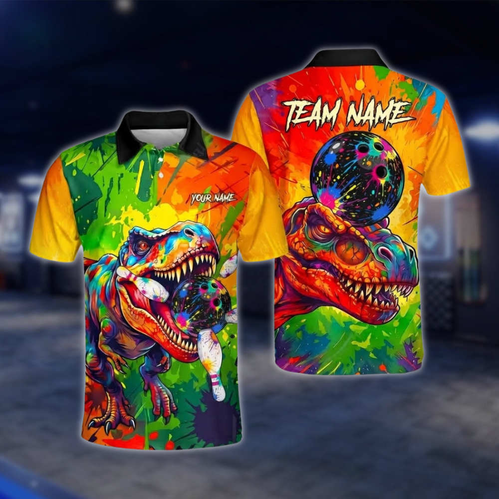 Personalized T-Rex Mens Colorful Bowling Polo Shirt, Custom Dinosaur Team Bowling Shirt BZ0927 BOW0014