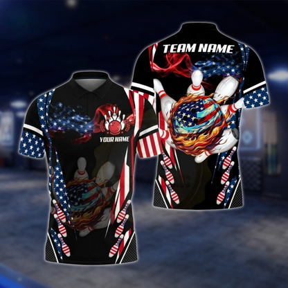 Personalized Fire Ball USA Flag Bowling Polo Shirt Men, Custom Patriotic Bowling Team Shirt BZ0796 BOW0112