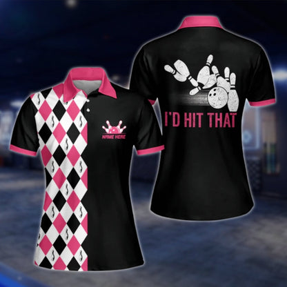 I'd Hit That Argyle Black Pink Custom Womens Bowling Polo Shirt, Custom Funny Bowling Shirt For Women BW0103 BOW0238