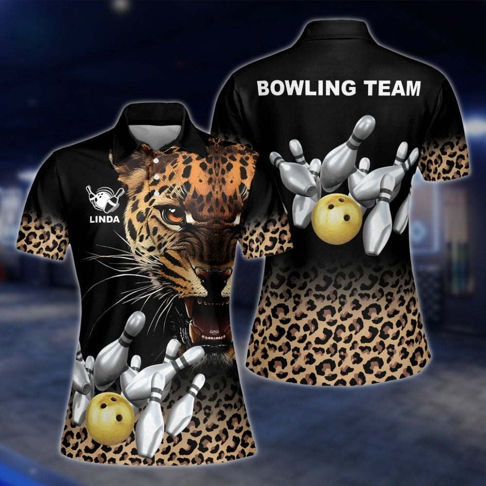 Custom Leopard Womens Bowling Polo Shirt, Custom Leopard Bowling Team Shirt For Ladies BZ0247 BOW0245