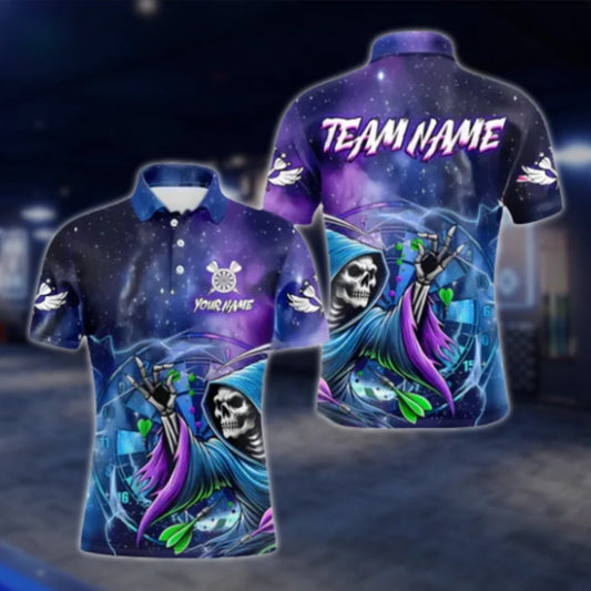 Custom Skeleton Purple Galaxy Dart Mens Polo Shirt, Custom Skull Dart Shirts For Team DAT0425