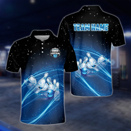Custom Team Blue Lightning Bowling Polo Shirt For Men, Custom Bowling Team Shirts BZ0035 BOW0292