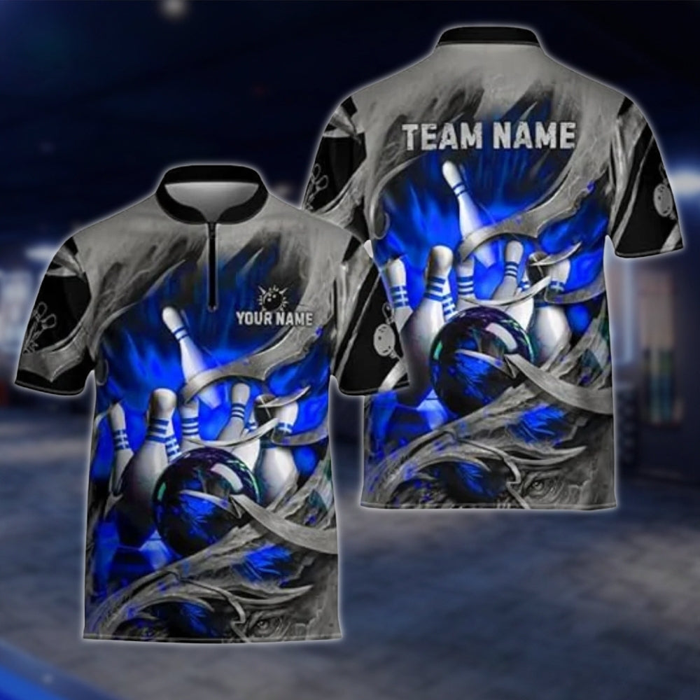 Custom Blue Grey Grunge Bowling Team Jersey For Mens, Custom Bowling Shirts For Team BZ0003 BOW0003