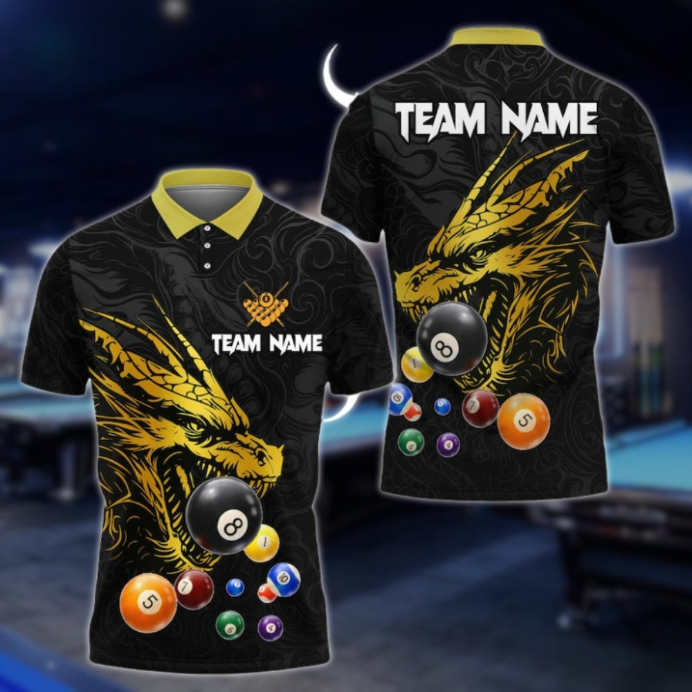 Custom Dragon Black And Yellow Billiard Men Polo Shirt, Custom Dragon Billiard Shirts For Team BLD0155