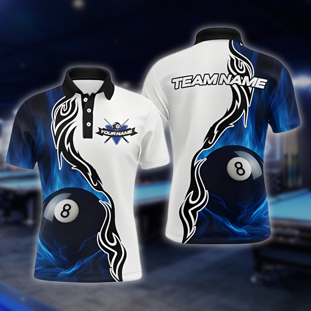 Blue Flame 8 Ball Custom Billiard Mens Polo Shirt, Custom Flame 8 Ball Pool Team Shirts BLD0102