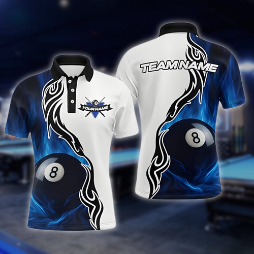 Blue Flame 8 Ball Custom Billiard Mens Polo Shirt, Custom Flame 8 Ball Pool Team Shirts BLD0102