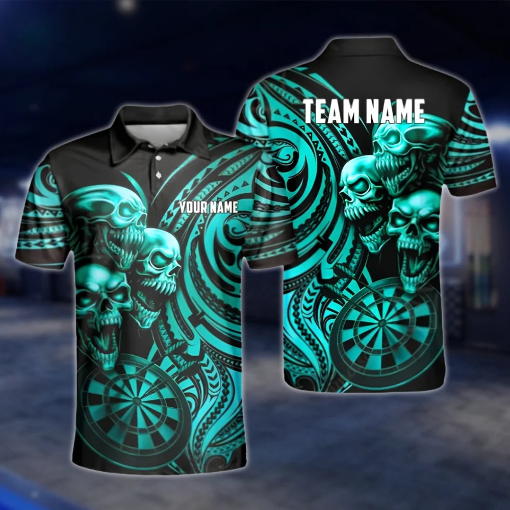 Custom Skull Tribal Cyan Dart Polo Shirt Mens, Custom Skull Dart Team Shirts DAT0238