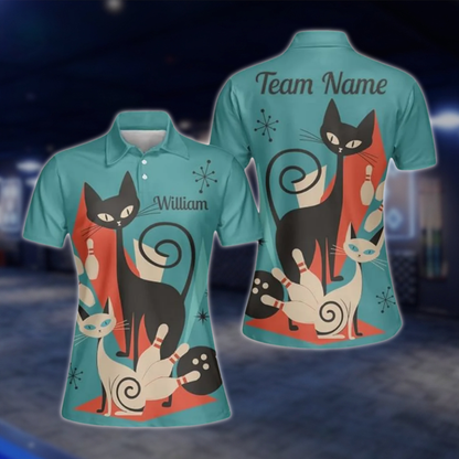 Personalized Vintage Cat Women's Cyan Bowling Polo Shirt, Custom Cat Bowling Team Shirts For Ladies BZ0774 BOW0133