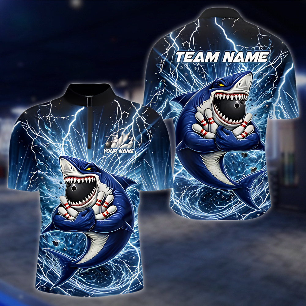 Custom Shark Blue Thunder Bowling Jersey For Men, Custom Shark Team Bowling Shirt BZ0892 BOW0051