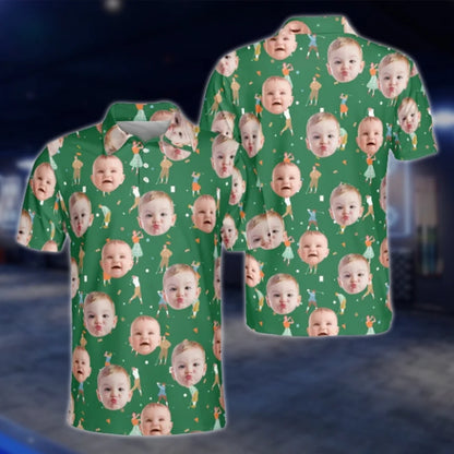 Custom Kid Face Mens Green Golf Polo Shirts, Custom Photo Golf Shirts GOF0260