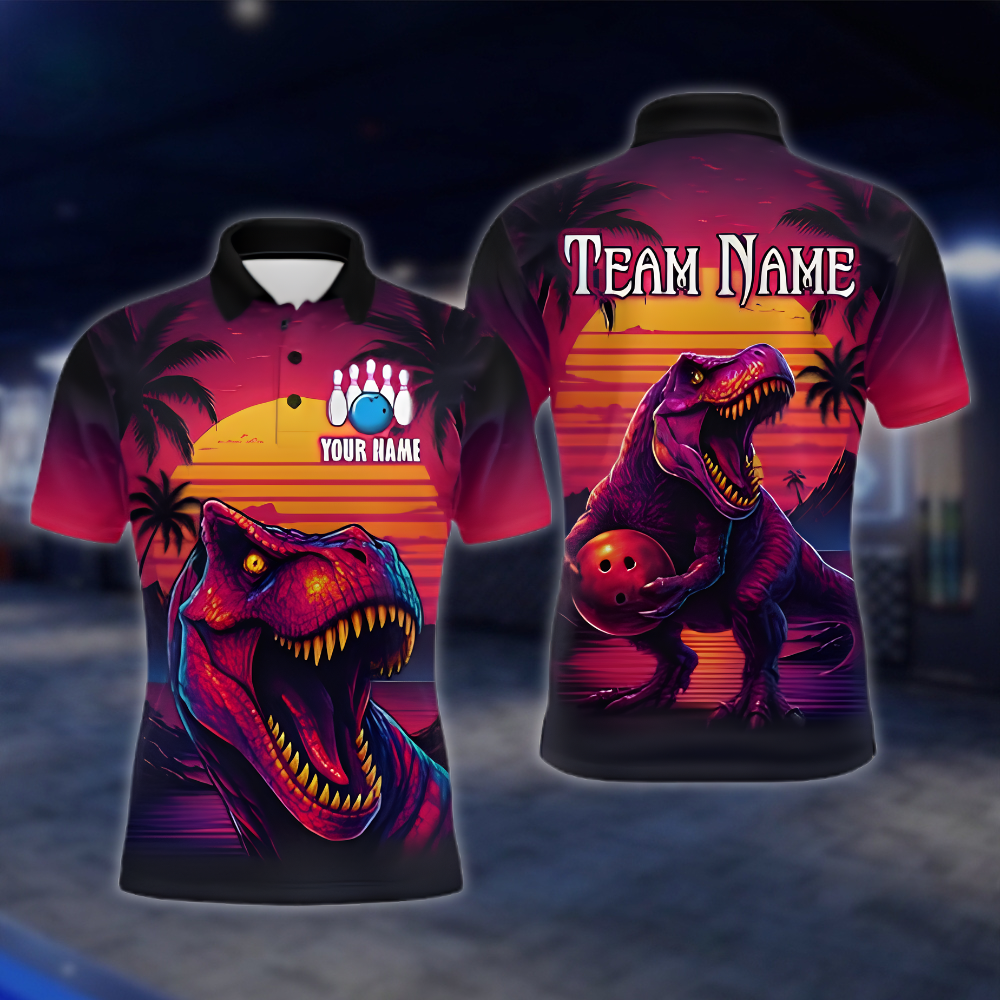 Personalized Sunset Dinosaur Bowling Polo Shirt Mens, Custom Team Dinosaur Bowling Shirt BZ0879 BOW0064