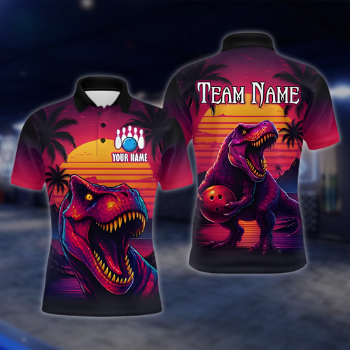 Personalized Sunset Dinosaur Bowling Polo Shirt Mens, Custom Team Dinosaur Bowling Shirt BZ0879 BOW0064